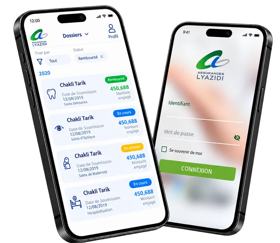 Aperçu de l’application Lyazidi : liste des dossiers et écran de connexion