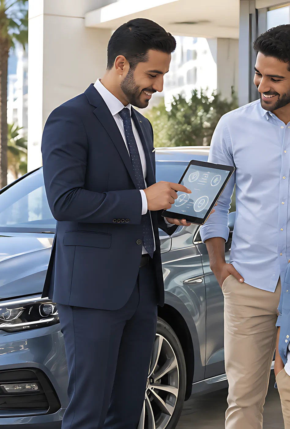 Un conseiller Lyazidi présente une tablette à un client devant une voiture