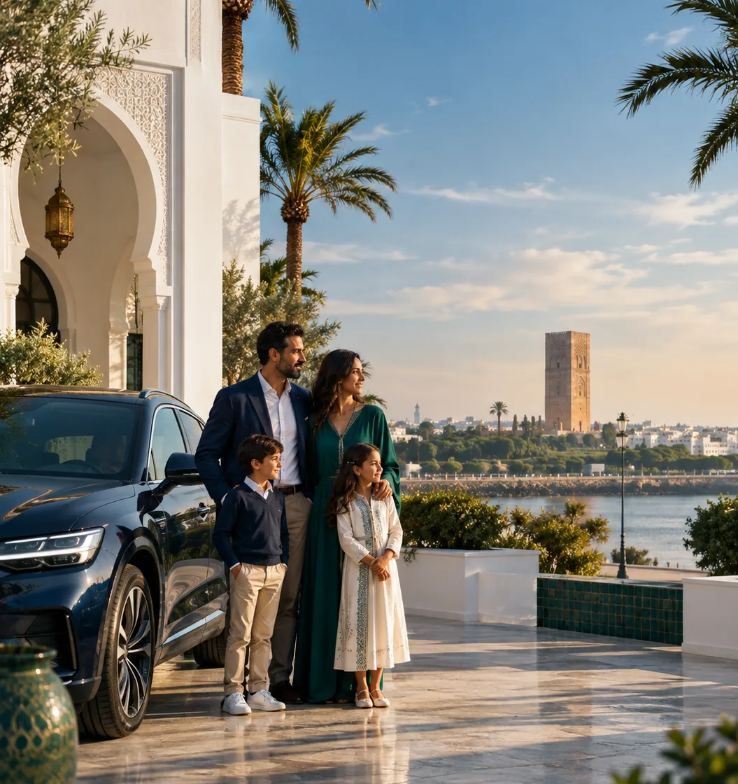 Une famille devant sa voiture, face à la tour Hassan à Rabat