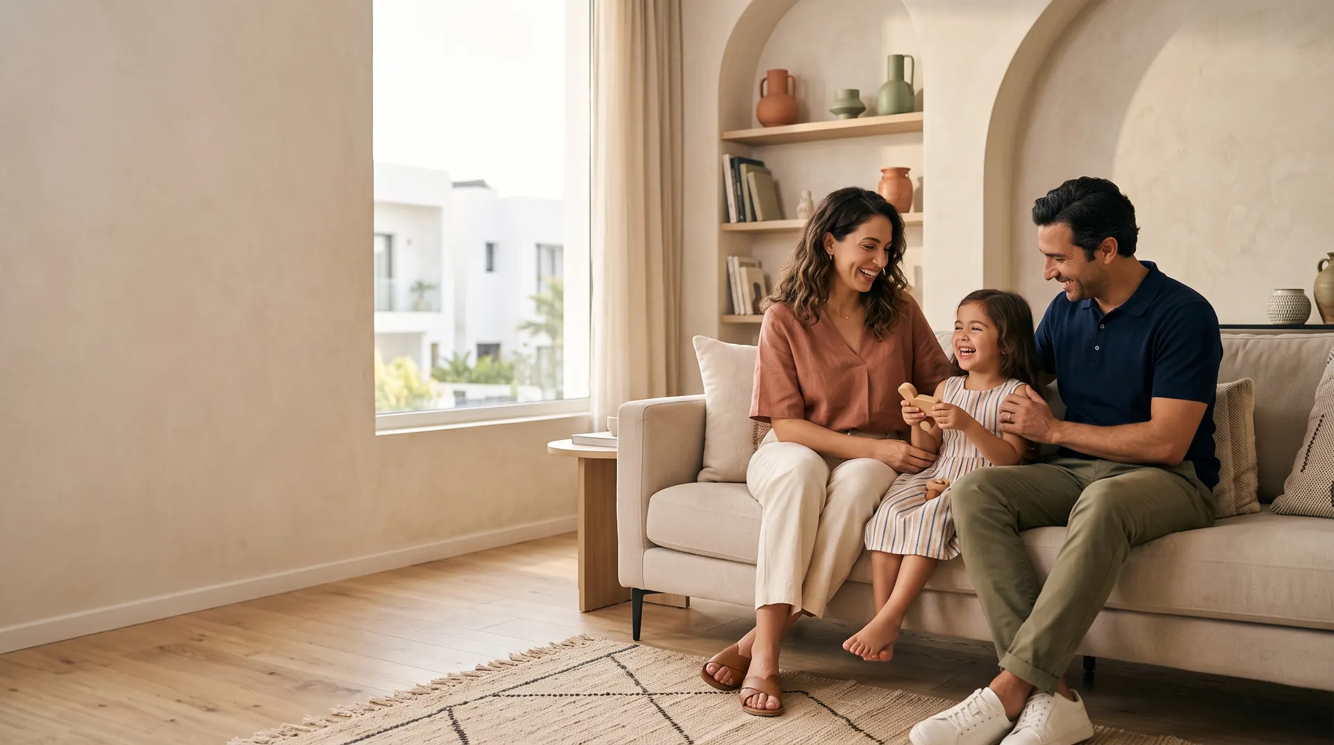 Famille souriante dans son salon