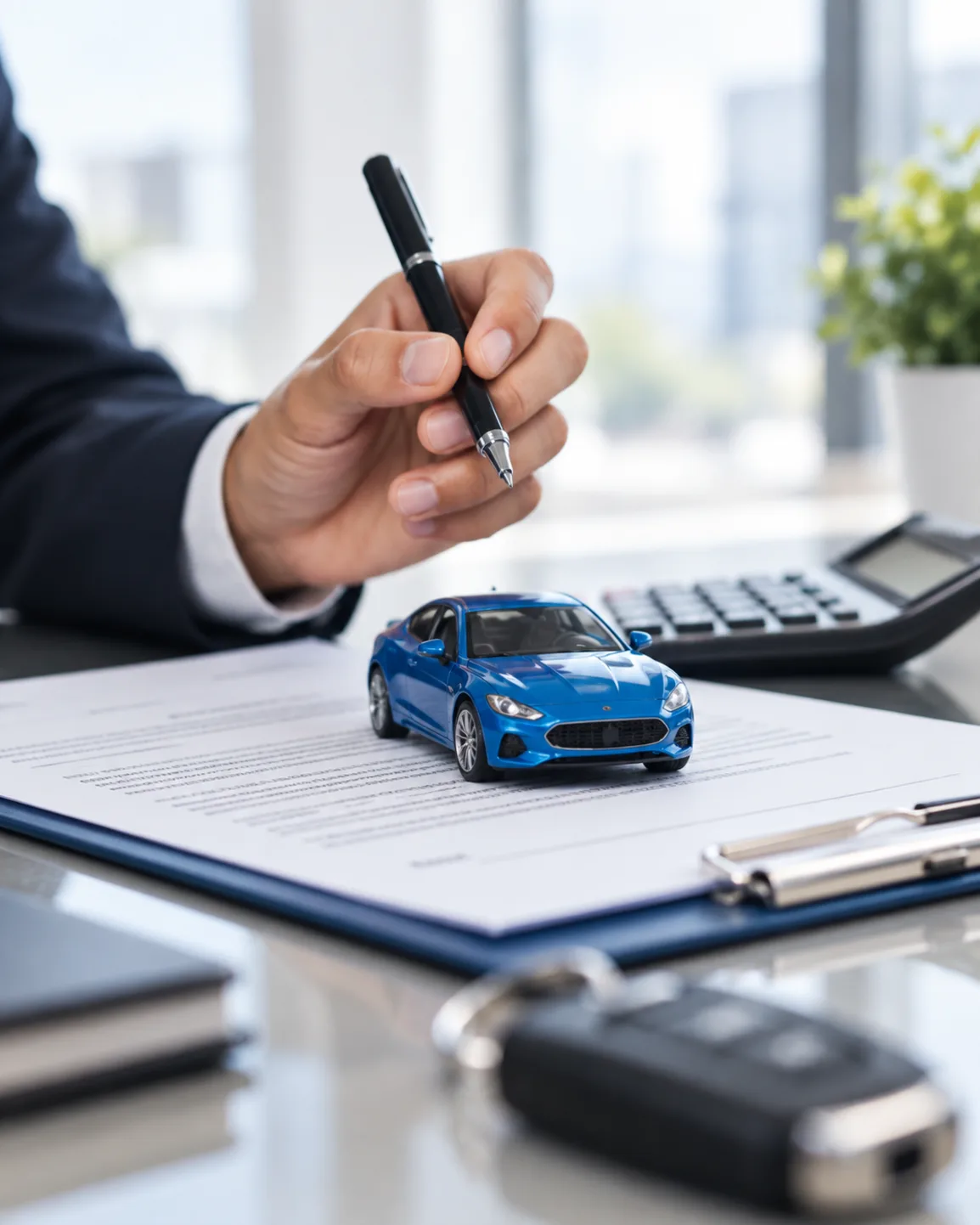 Une voiture miniature bleue posée sur un contrat d’assurance